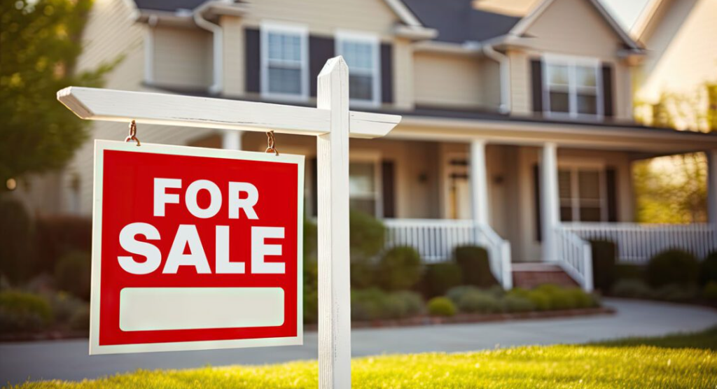Sinal de à venda em uma casa tipicamente americana, para sinalizar como funciona o sistema do MLS.